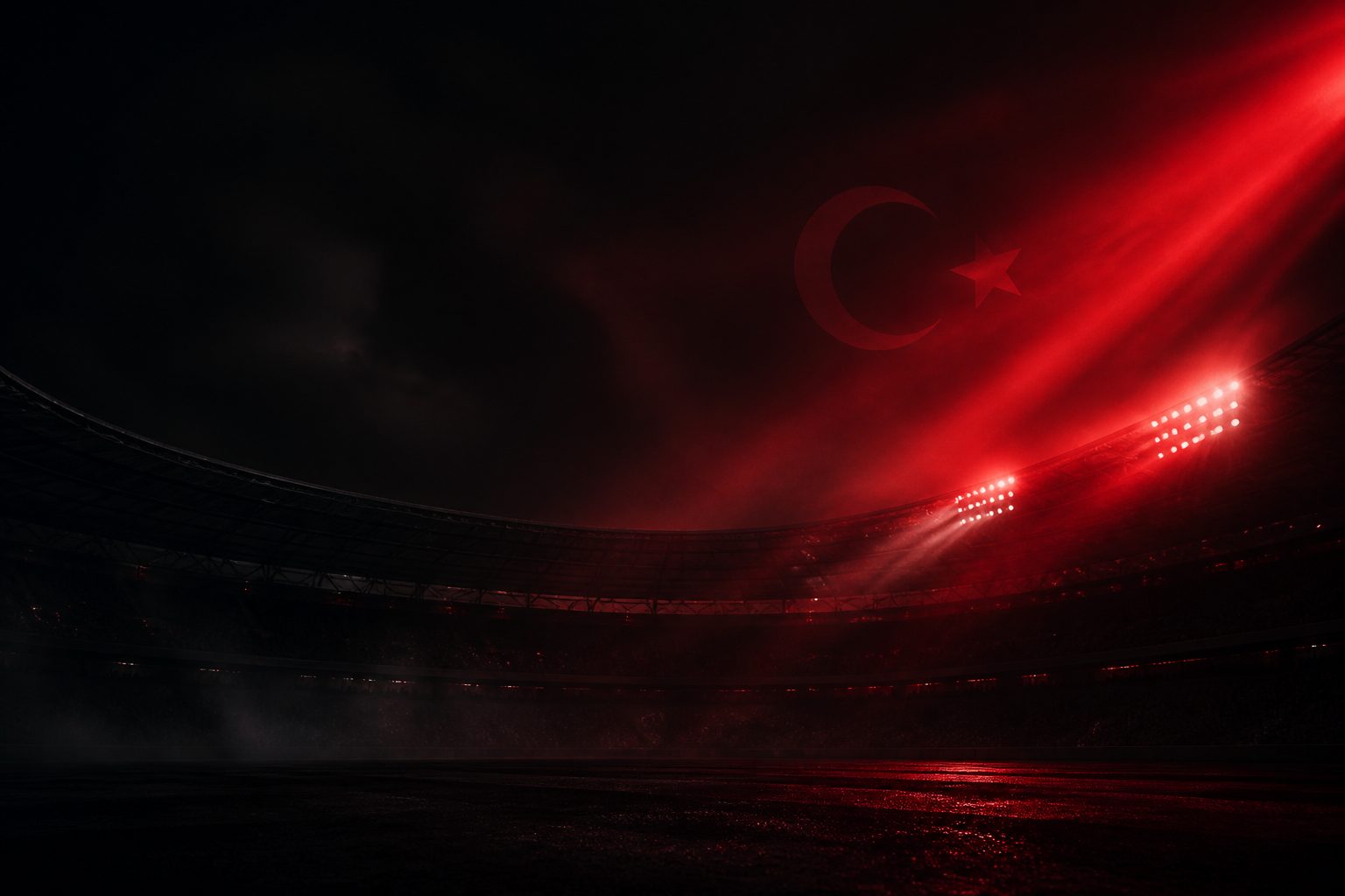 Koyu tonlu, dramatik kırmızı ışıklarla aydınlatılmış stadyum atmosferi